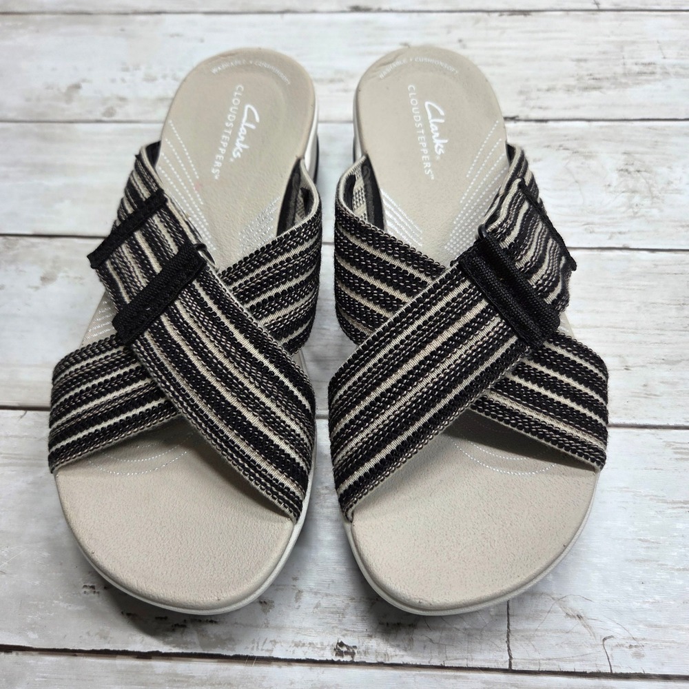 Clarks Cloudsteppers Arla Kaylie Slide Sandals Women 7 Blk Cream Striped Comfort